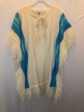 Handmade Mexico Cream and Turquoise Fringe Poncho Boho Layering Piece